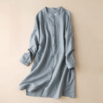 Buddha Stones Vintage Casual Plain Buttons Design Long Sleeve Stand Collar Cotton Linen Maxi Dress With Pockets - LightSteelBlue - US12，UK/AU16，EU44 (2XL) - image 1