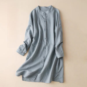 Buddha Stones Vintage Casual Plain Buttons Design Long Sleeve Stand Collar Cotton Linen Maxi Dress With Pockets - LightSteelBlue - US12，UK/AU16，EU44 (2XL) - image 1