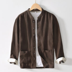 Buddha Stones Causal Solid Color Men's Buttons Long Sleeve Cotton Linen Shirt With Pockets - SaddleBrown - US/UK/AU42，EU52 (3XL) - image 1