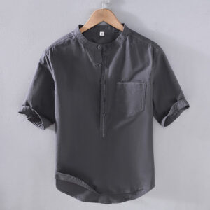 Buddha Stones Vintage Spring Pure Color Half Buttons Design Stand Collar Men's Short Sleeve Linen Shirt With Pocket - SlateGray - US/UK/AU42，EU52 (3XL) - image 1