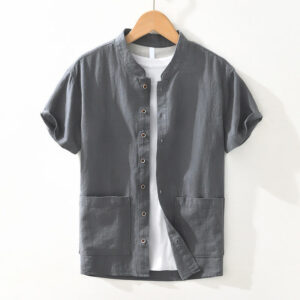 Buddha Stones Casual Buttons Design Stand Collar Men's Short Sleeve Cotton Linen Shirt With Pockets