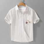 Buddha Stones Casual Embroidery Match Flame Pattern Lapel Men's Short Sleeve Cotton Shirt With Pocket - White - US/UK/AU42，EU52 (3XL) - image 1