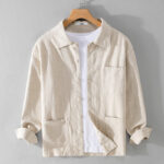 Buddha Stones ommute Fall Solid Color Lapel Men's Long Sleeve Cotton Linen Shirt With Pocket - Beige - US/UK/AU42，EU52 (3XL) - image 1