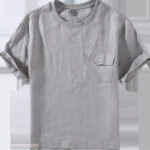 Buddha Stones Casual Simple Design Crew Neck Men's Short Sleeve Linen Shirt With Pocket - image 3
