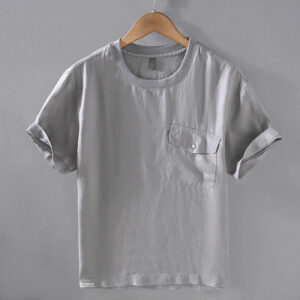 Buddha Stones Casual Simple Design Crew Neck Men's Short Sleeve Linen Shirt With Pocket - DarkGray - US/UK/AU42，EU52 (3XL) - image 1