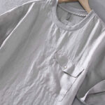 Buddha Stones Casual Simple Design Crew Neck Men's Short Sleeve Linen Shirt With Pocket - image 5