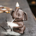 Buddha Stones Little Elephant Holding Leaf Purple Clay Backflow Smoke Fountain Healing Incense Burner Decoration - image 3