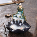Buddha Stones Lotus Leaf Koi Fish Ceramic Backflow Smoke Fountain Peace Incense Burner Decoration - Blue 11.5*11*10cm - image 1