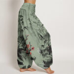 Buddha Stones Plum Blossoms Bamboo Orchids Chrysanthemums Pattern Women's Elastic Waist Harem Pants - image 6