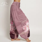 Buddha Stones Pink Lotus Leaves Bird Pattern Women's Elastic Waist Harem Pants - image 9