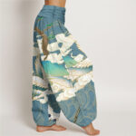 Buddha Stones Flying Cranes Auspicious Clouds Tree women's Elastic Waist Harem Pants - image 9