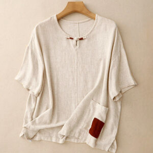 Buddha Stones Colorblock Side Slit  Frog-Button Cotton Linen Half Sleeve Women's Shirt With Pockets - AntiqueWhite - US14，UK/AU18，EU46 (2XL) - image 1