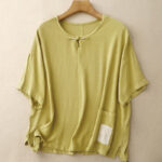 Buddha Stones Colorblock Side Slit  Frog-Button Cotton Linen Half Sleeve Women's Shirt With Pockets - Khaki - US14，UK/AU18，EU46 (2XL) - image 10
