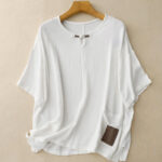 Buddha Stones Colorblock Side Slit  Frog-Button Cotton Linen Half Sleeve Women's Shirt With Pockets - White - US14，UK/AU18，EU46 (2XL) - image 16