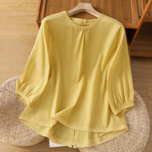 Buddha Stones Plain Lace Hem Single Breasted Button Cotton Linen Three Quarter Sleeve Women's Crew Neck Shirt - Khaki - US14，UK/AU18，EU46 (2XL) - image 1