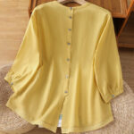 Buddha Stones Plain Lace Hem Single Breasted Button Cotton Linen Three Quarter Sleeve Women's Crew Neck Shirt - image 2