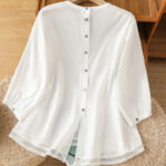 Buddha Stones Plain Lace Hem Single Breasted Button Cotton Linen Three Quarter Sleeve Women's Crew Neck Shirt - image 11