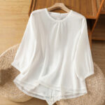 Buddha Stones Plain Lace Hem Single Breasted Button Cotton Linen Three Quarter Sleeve Women's Crew Neck Shirt - White - US14，UK/AU18，EU46 (2XL) - image 10