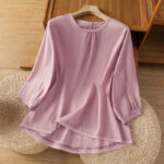 Buddha Stones Plain Lace Hem Single Breasted Button Cotton Linen Three Quarter Sleeve Women's Crew Neck Shirt - Plum - US14，UK/AU18，EU46 (2XL) - image 19