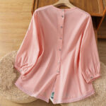 Buddha Stones Plain Lace Hem Single Breasted Button Cotton Linen Three Quarter Sleeve Women's Crew Neck Shirt - image 28