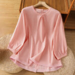 Buddha Stones Plain Lace Hem Single Breasted Button Cotton Linen Three Quarter Sleeve Women's Crew Neck Shirt - Pink - US14，UK/AU18，EU46 (2XL) - image 27