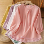 Buddha Stones Plain Lace Hem Single Breasted Button Cotton Linen Three Quarter Sleeve Women's Crew Neck Shirt - image 37