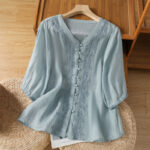 Buddha Stones Casual Embroidery Frog-Button Polyester Half Sleeve Women's V-neck Shirt - SkyBlue - US12，UK/AU16，EU44 (2XL) - image 6
