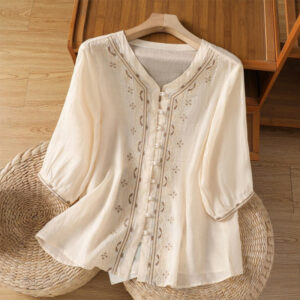 Buddha Stones Casual Embroidery Frog-Button Polyester Half Sleeve Women's V-neck Shirt - Beige - US12，UK/AU16，EU44 (2XL) - image 1