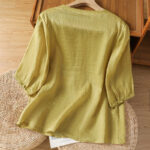 Buddha Stones Casual Embroidery Frog-Button Polyester Half Sleeve Women's V-neck Shirt - image 13