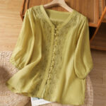 Buddha Stones Casual Embroidery Frog-Button Polyester Half Sleeve Women's V-neck Shirt - DarkKhaki - US12，UK/AU16，EU44 (2XL) - image 12