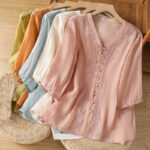 Buddha Stones Casual Embroidery Frog-Button Polyester Half Sleeve Women's V-neck Shirt - image 32
