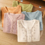 Buddha Stones Casual Embroidery Frog-Button Polyester Half Sleeve Women's V-neck Shirt - image 33