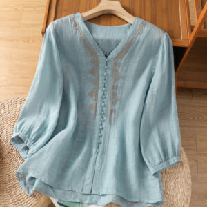 Buddha Stones Casual Embroidery Single Breasted Button Polyester Half Sleeve Women's V-neck Shirt - SkyBlue - US8-10，UK/AU12-14，EU40-42 (2XL) - image 1