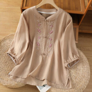 Buddha Stones Casual Embroidery Frog-Button Cotton Polyester Half Sleeve Women's Stand Collar Shirt - PeachPuff - US8-10，UK/AU12-14，EU40-42 (2XL) - image 1