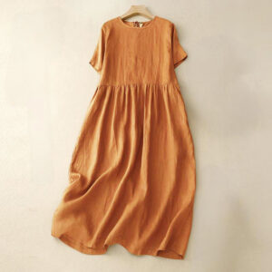 Buddha Stones Casual Short Sleeve Bowknot Tie Straps Women's Midi Dress With Pockets