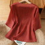 Buddha Stones Casual Embroidery Flowers Cotton Polyester Half Sleeve Women's Crew Neck Shirt - image 2