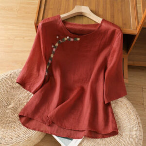 Buddha Stones Casual Embroidery Flowers Cotton Polyester Half Sleeve Women's Crew Neck Shirt - FireBrick - US14，UK/AU18，EU46 (2XL) - image 1