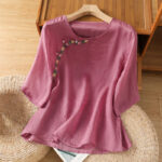 Buddha Stones Casual Embroidery Flowers Cotton Polyester Half Sleeve Women's Crew Neck Shirt - PaleVioletRed - US14，UK/AU18，EU46 (2XL) - image 8