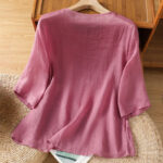Buddha Stones Casual Embroidery Flowers Cotton Polyester Half Sleeve Women's Crew Neck Shirt - image 9