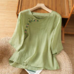 Buddha Stones Casual Embroidery Flowers Cotton Polyester Half Sleeve Women's Crew Neck Shirt - LightGreen - US14，UK/AU18，EU46 (2XL) - image 17