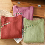 Buddha Stones Casual Embroidery Flowers Cotton Polyester Half Sleeve Women's Crew Neck Shirt - image 24