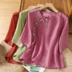 Buddha Stones Casual Embroidery Flowers Cotton Polyester Half Sleeve Women's Crew Neck Shirt - image 23