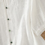 Buddha Stones Casual Embroidery Hollow Cotton Polyester Half Sleeve Women's Crew Neck Shirt - image 5
