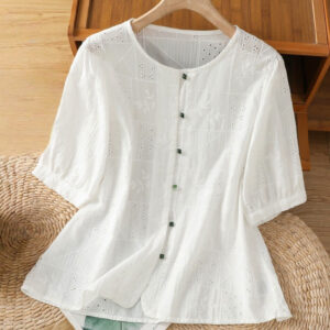 Buddha Stones Casual Embroidery Hollow Cotton Polyester Half Sleeve Women's Crew Neck Shirt - White - US8-10，UK/AU12-14，EU40-42 (2XL) - image 1