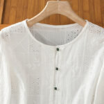 Buddha Stones Casual Embroidery Hollow Cotton Polyester Half Sleeve Women's Crew Neck Shirt - image 2