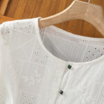 Buddha Stones Casual Embroidery Hollow Cotton Polyester Half Sleeve Women's Crew Neck Shirt - image 4