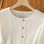 Buddha Stones Casual Embroidery Hollow Cotton Polyester Half Sleeve Women's Crew Neck Shirt - image 8