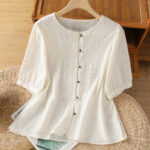 Buddha Stones Casual Embroidery Hollow Cotton Polyester Half Sleeve Women's Crew Neck Shirt - OldLace - US8-10，UK/AU12-14，EU40-42 (2XL) - image 7
