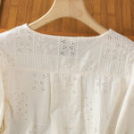 Buddha Stones Casual Embroidery Hollow Cotton Polyester Half Sleeve Women's Crew Neck Shirt - image 9