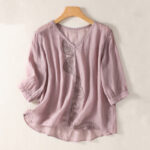 Buddha Stones Casual Embroidered Pattern Women's V-neck Design Half Sleeve Cotton Linen T-shirt - Plum - US14，UK/AU18，EU46 (2XL) - image 1